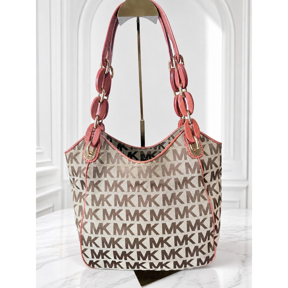 Michael Kors Fulton Signature Jacquard Coral Chain Link Hobo Shoulder Bag